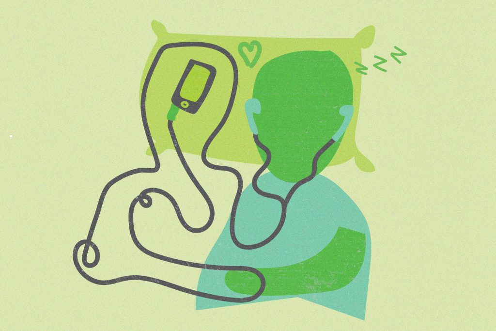 Illustration of a character lying in bed and listening to music while embracing headphone wires in the shape of a person.